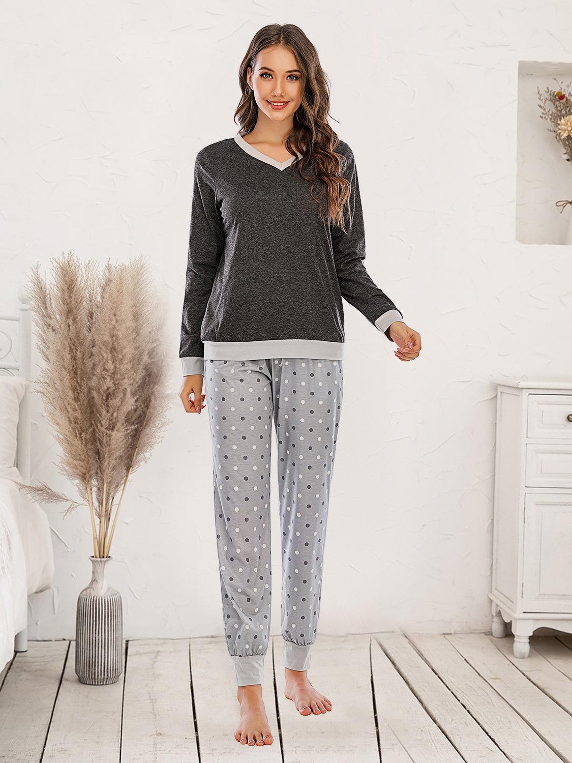 Fashorio Black / S Long Sleeve Top and Polka Dot Pants Set