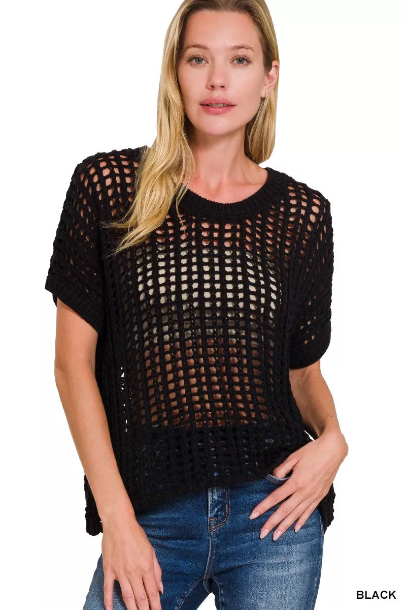 Fashorio BLACK / S/M Zenana Fish Net Short Sleeve Crochet Knit Cover Up