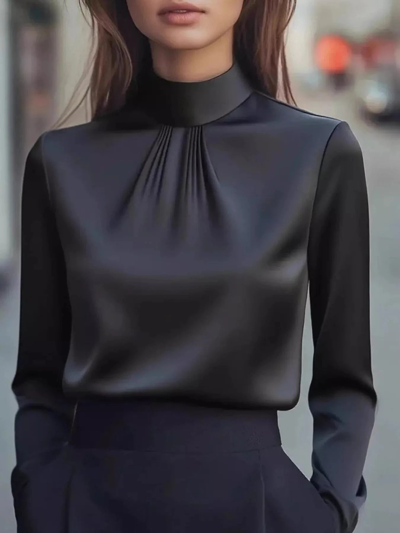 Fashorio Black / S Mock Neck Long Sleeve Blouse with Pleated Detail