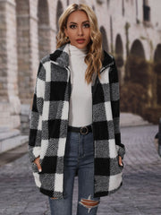 Fashorio Black / S Plaid Collared Neck Coat with Pockets