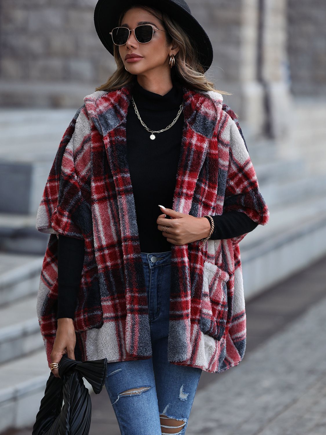 Fashorio Black / S Plaid Hooded Coat with Pockets