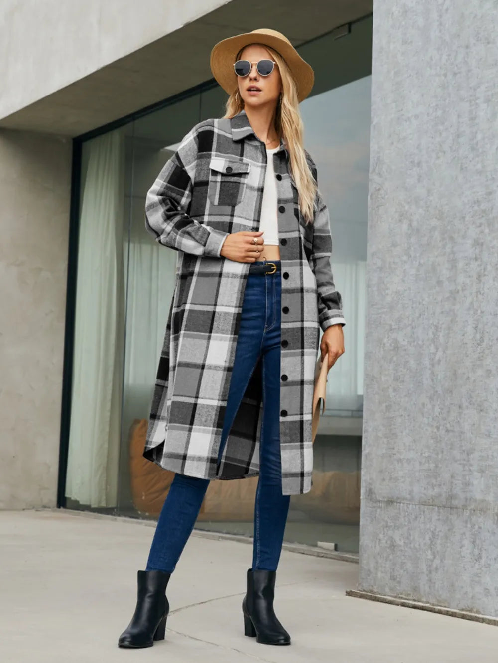 Fashorio Black / S Plaid Pocketed Button Up Trench Coat