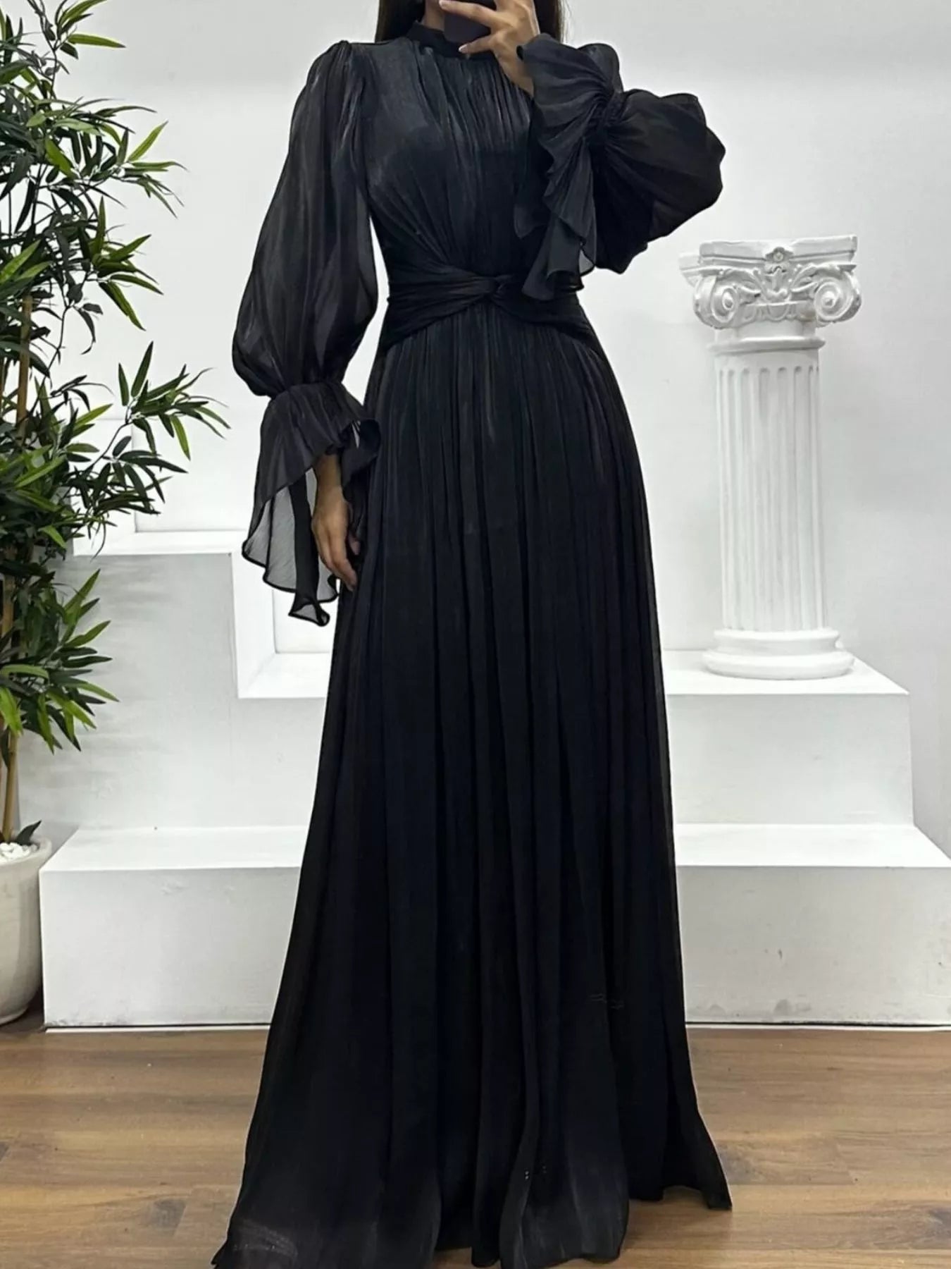 Fashorio Black / S Pleated Mock Neck Long Sleeve Maxi Dress