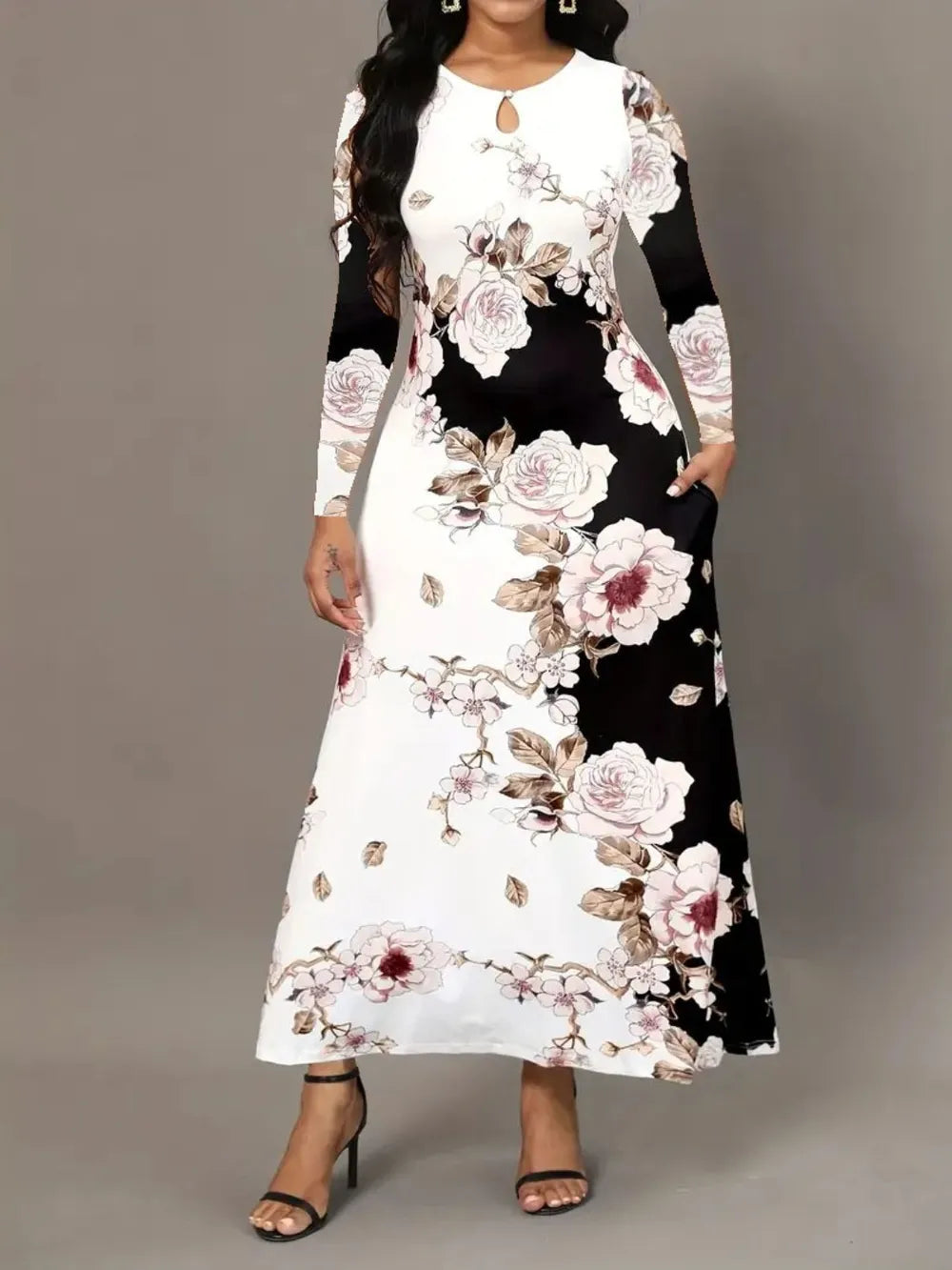 Fashorio Black / S Pocketed Printed Long Sleeve Dress