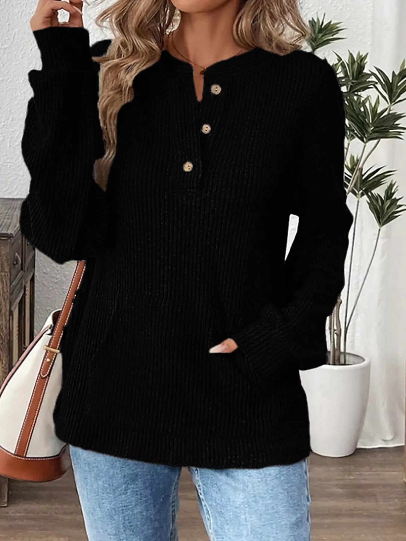 Fashorio Black / S Ribbed Button Detail Long Sleeve T-Shirt