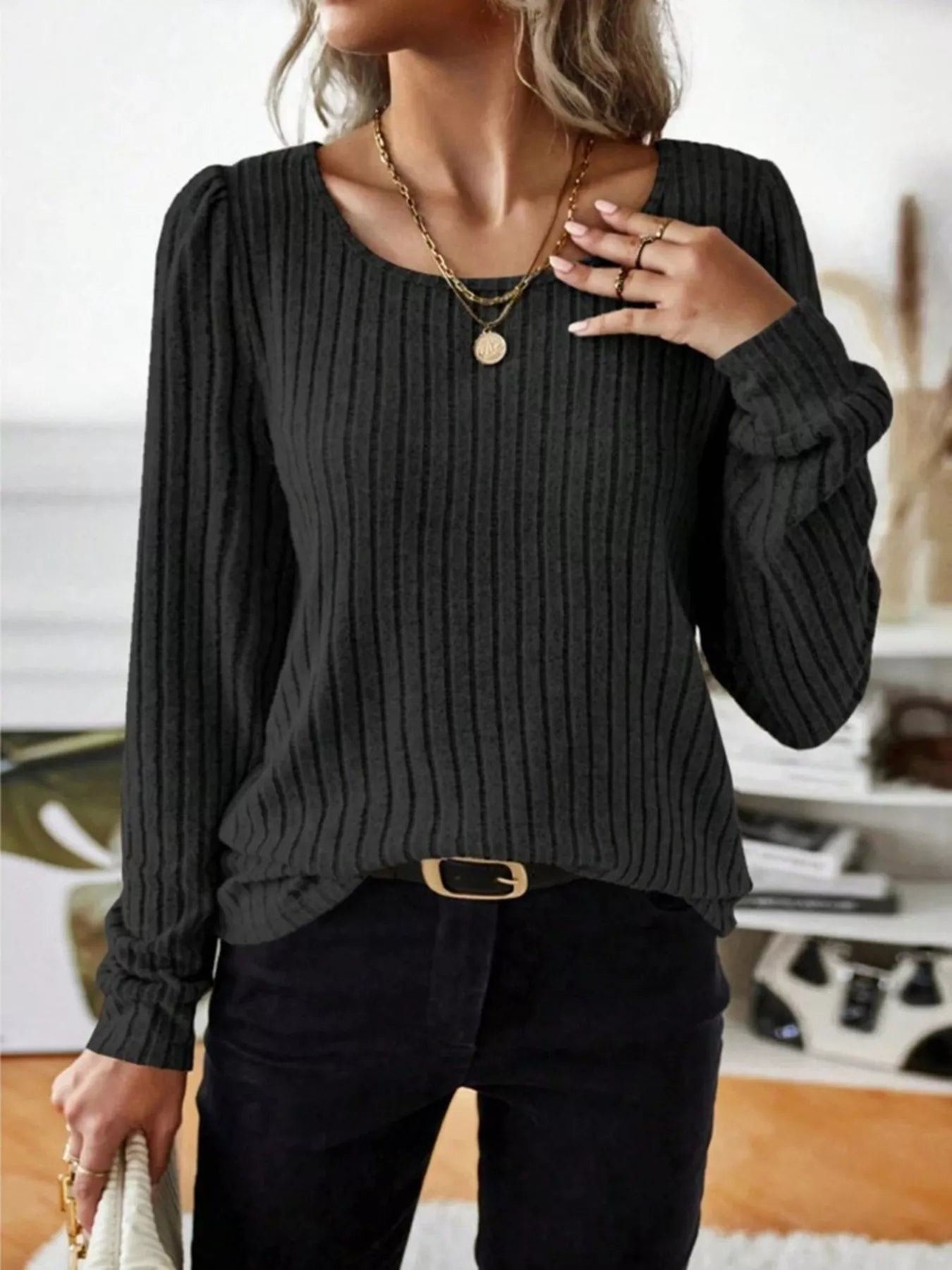 Fashorio Black / S Ribbed Knit Long Sleeve T-Shirt