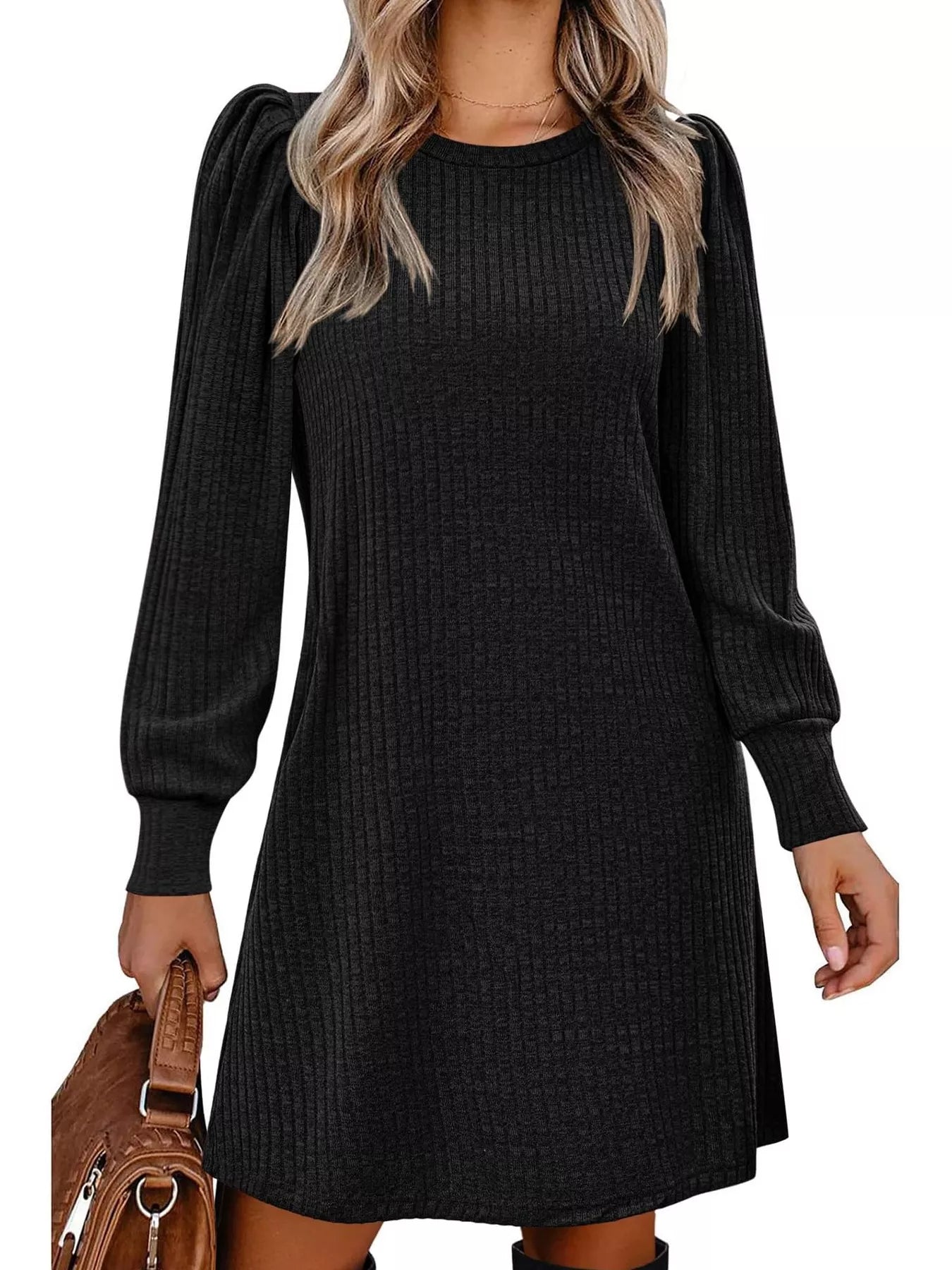 Fashorio Black / S Ribbed Knit Puff Sleeve Casual Mini Dress