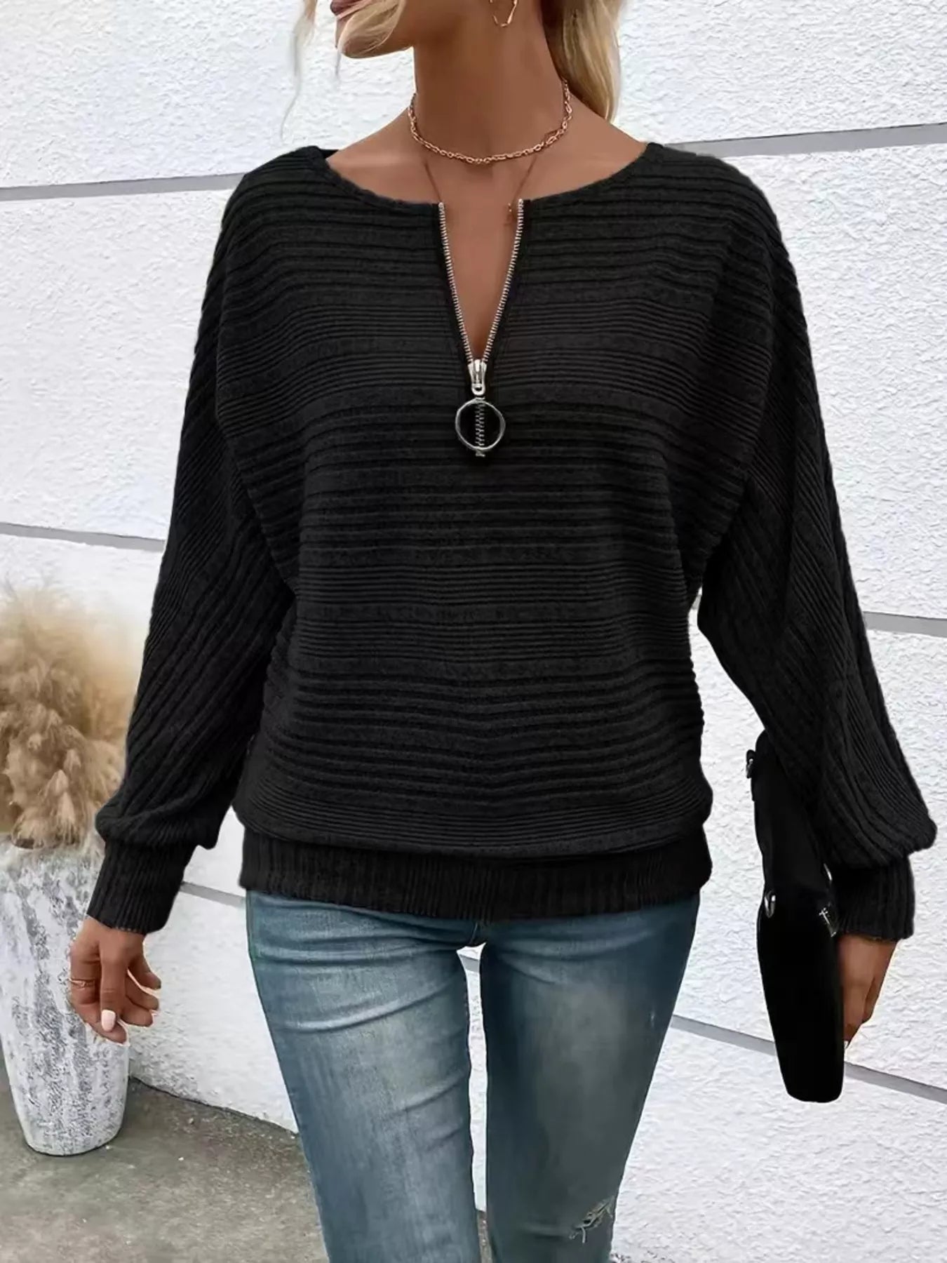Fashorio Black / S Ribbed Knit Quarter Zip Sweatshirt