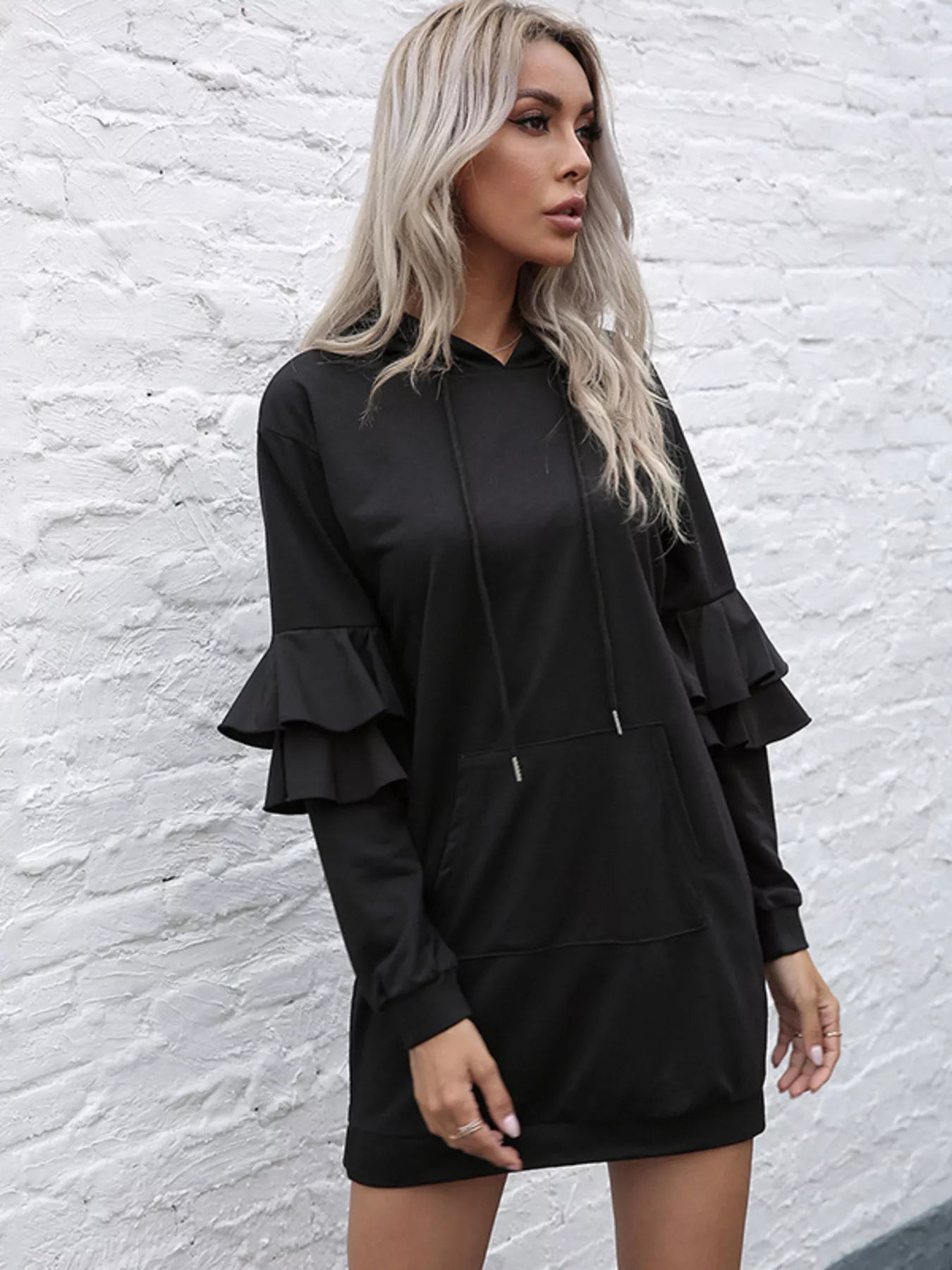 Fashorio Black / S Ruffle Long Sleeve Hooded Mini Dress
