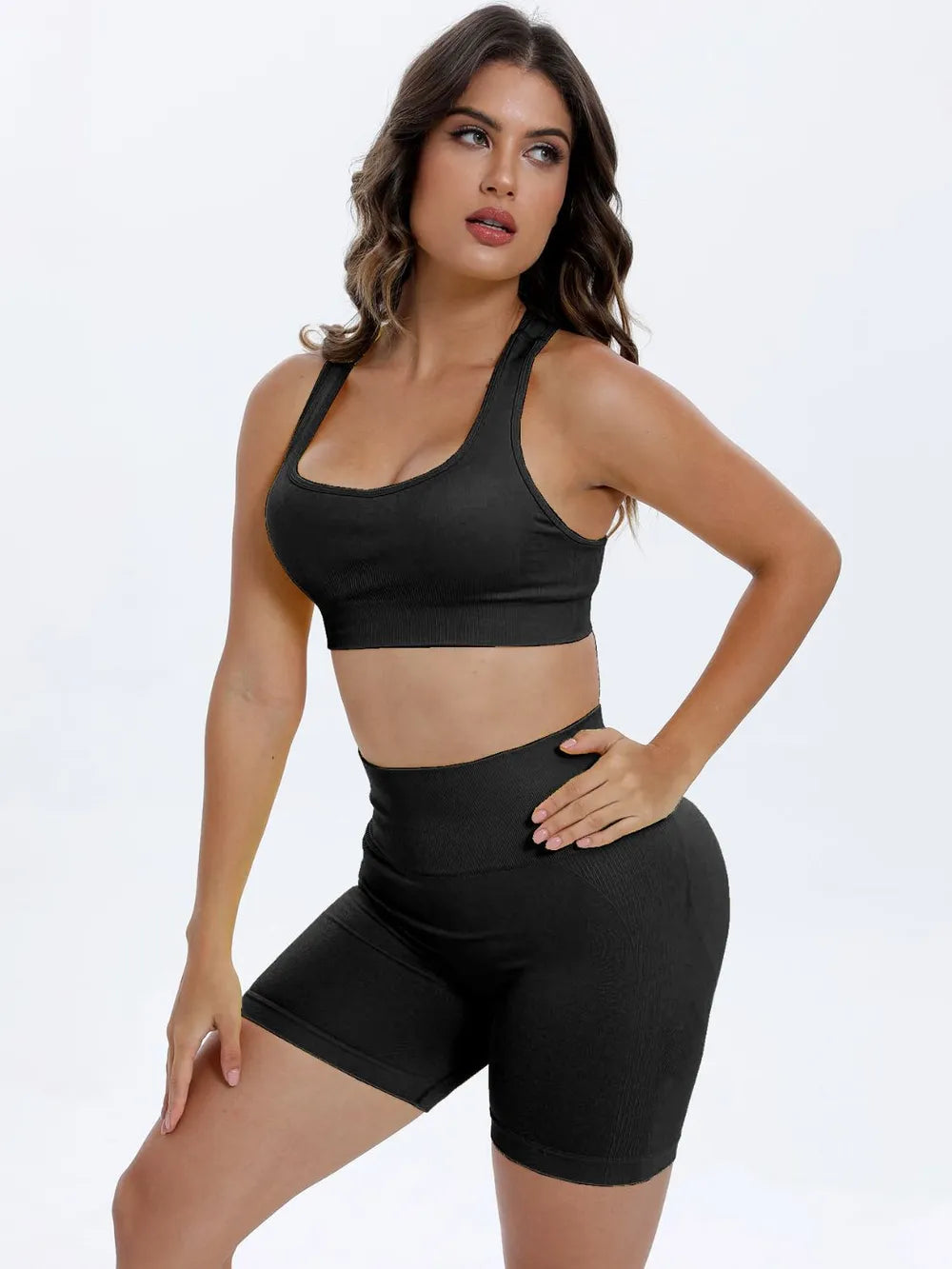 Fashorio Black / S Scoop Neck Wide Strap Top and Shorts Active Set