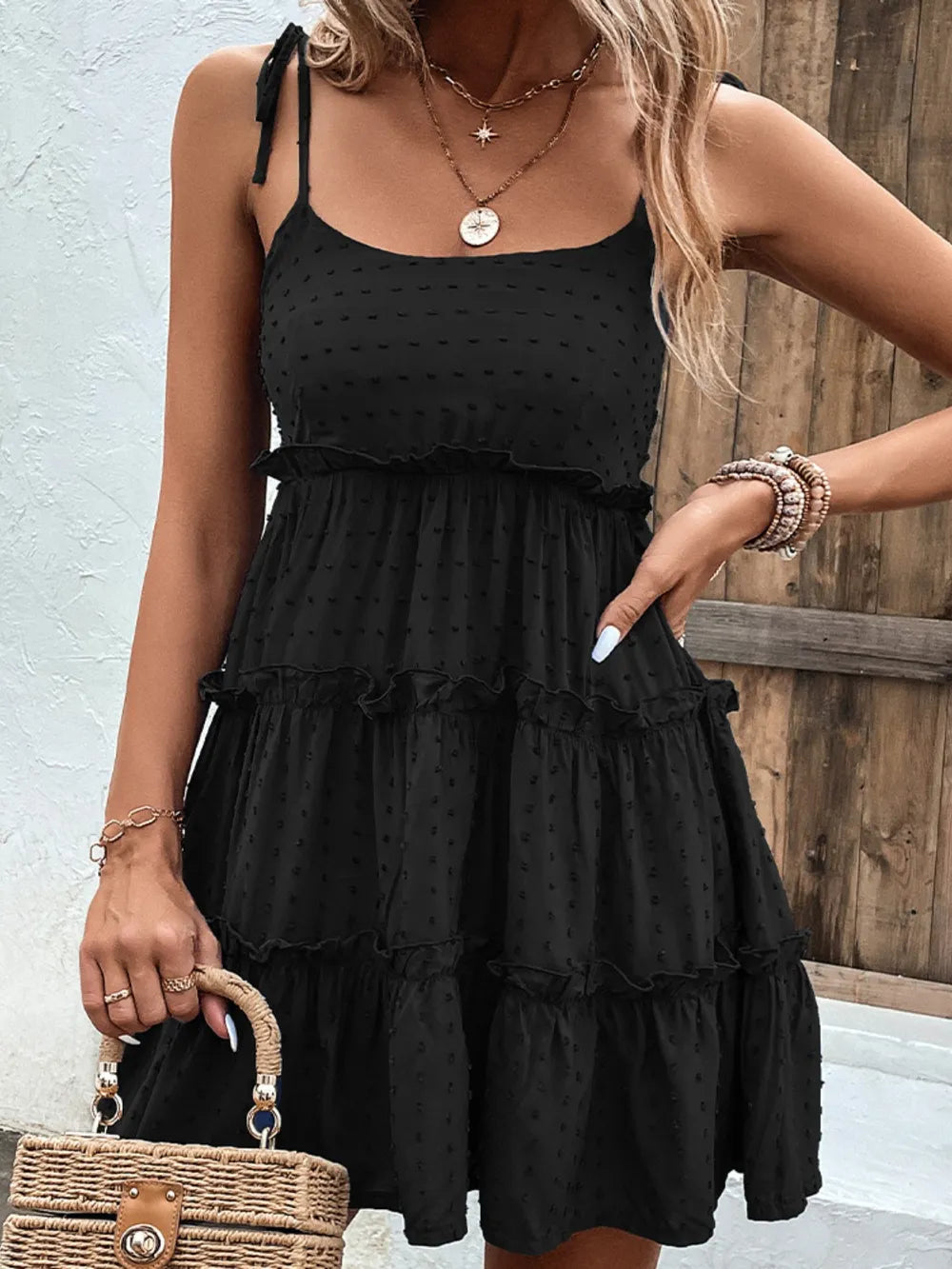 Fashorio Black / S Shiny Tiered Spaghetti Strap Dress with Frill – Elegant Mini Look