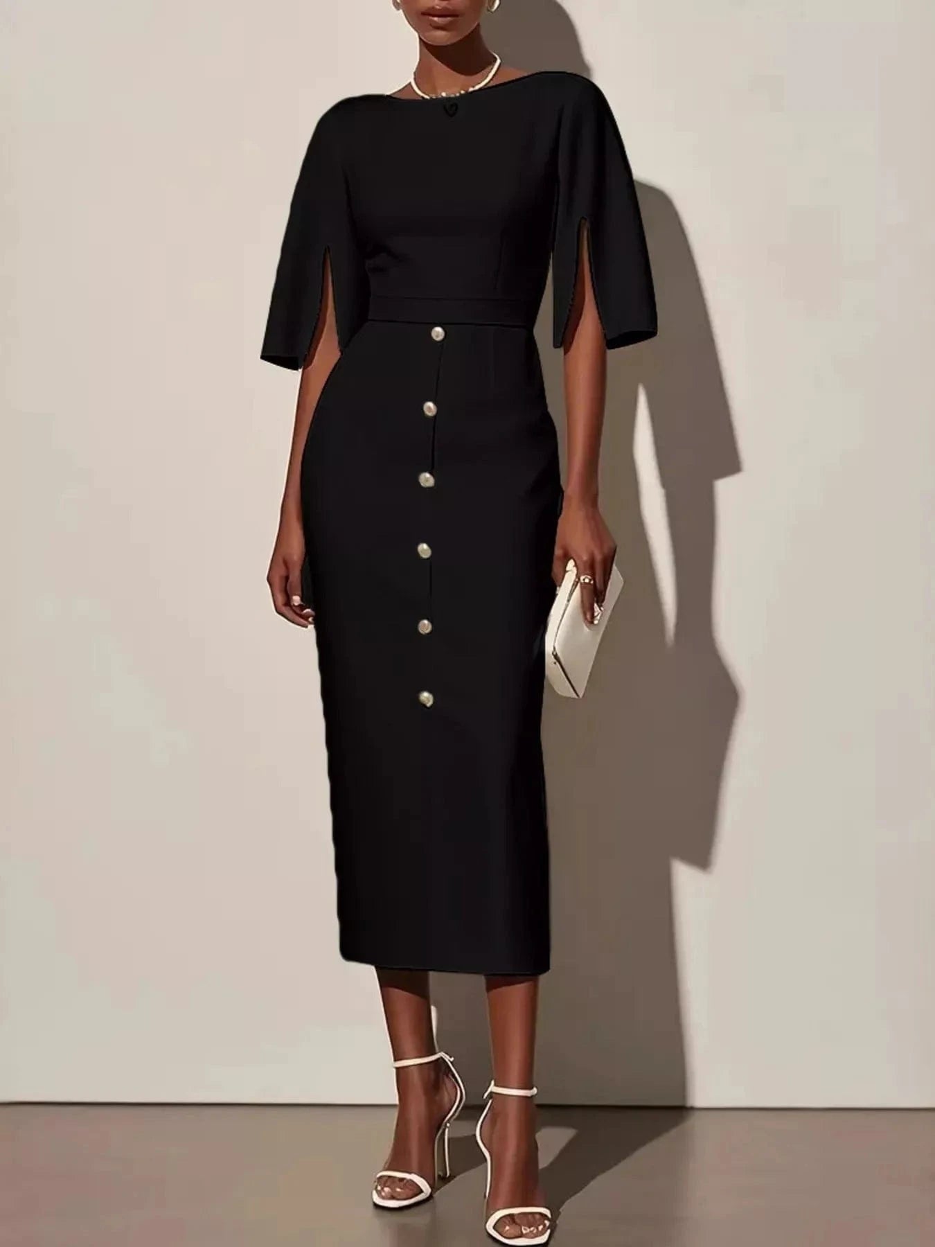 Fashorio Black / S Slit Sleeve Midi Dress with Decorative Button