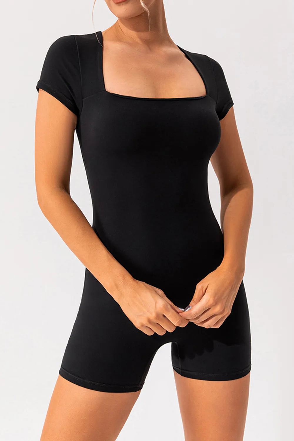 Fashorio Black / S Square Neck Cap Sleeve Active Romper