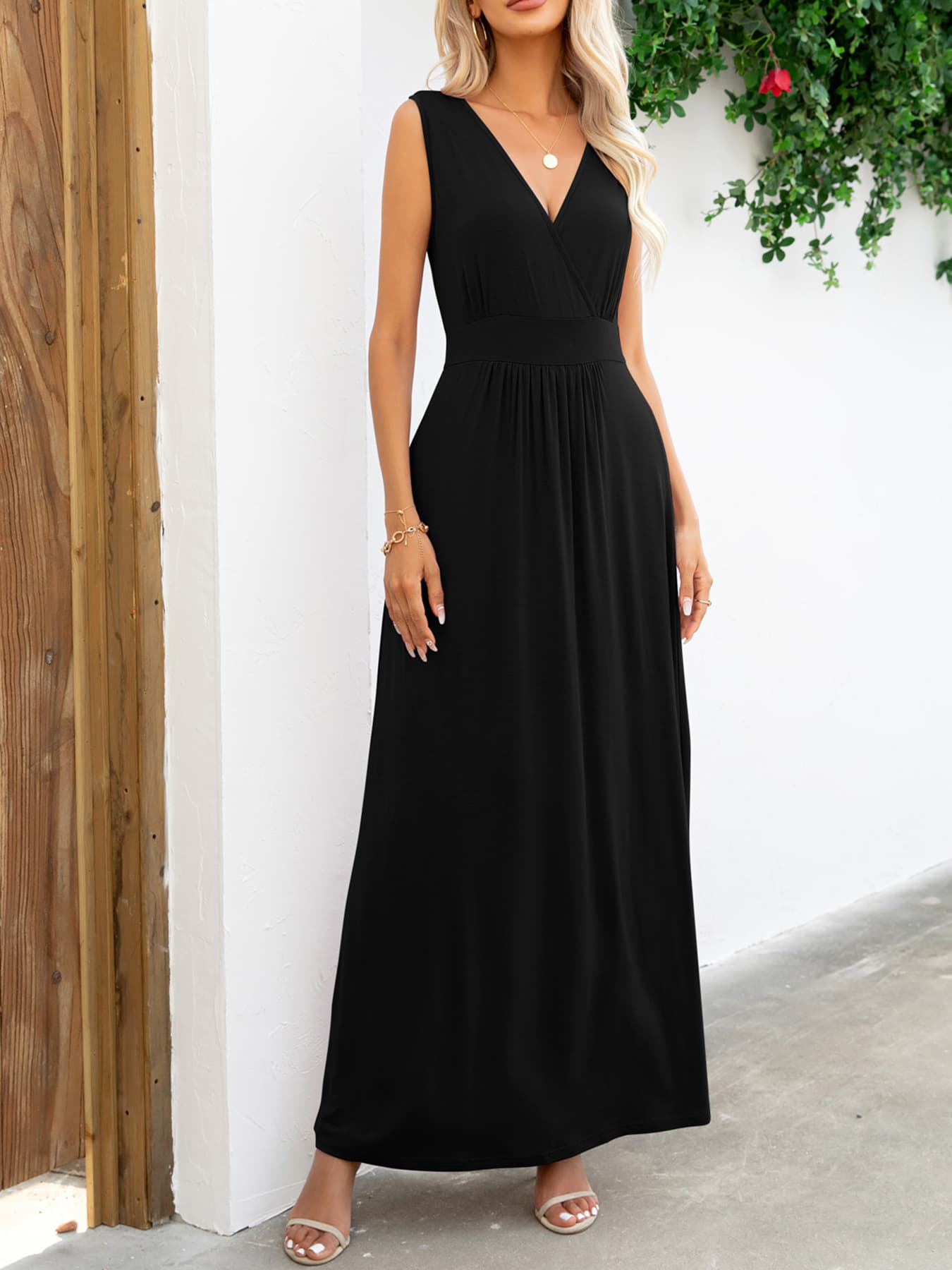 Fashorio Black / S Surplice Neck Sleeveless Maxi Dress