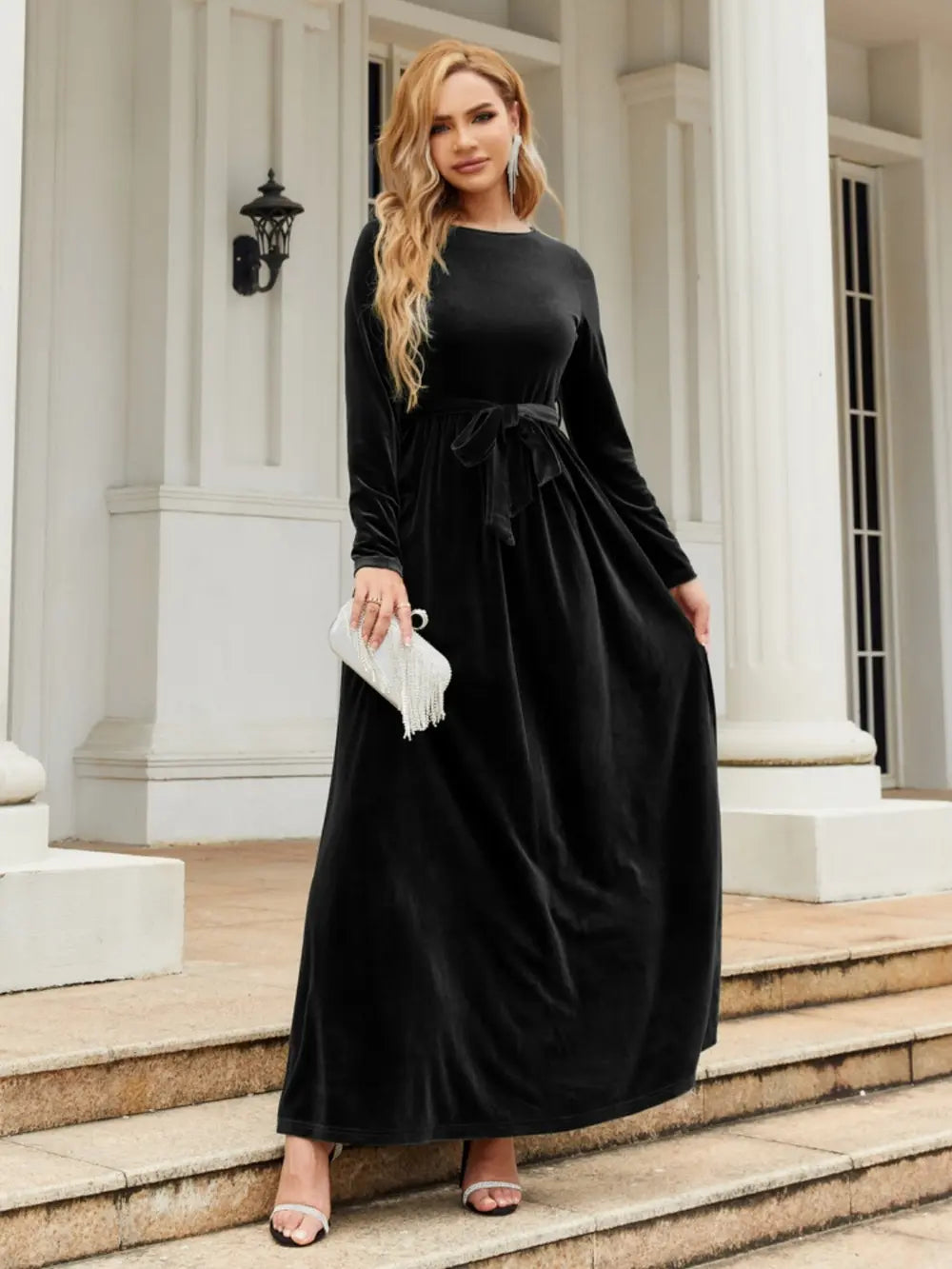 Fashorio Black / S Tie Front Round Neck Long Sleeve Maxi Dress
