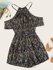 Fashorio Black / S Tied Printed Short Sleeve Romper