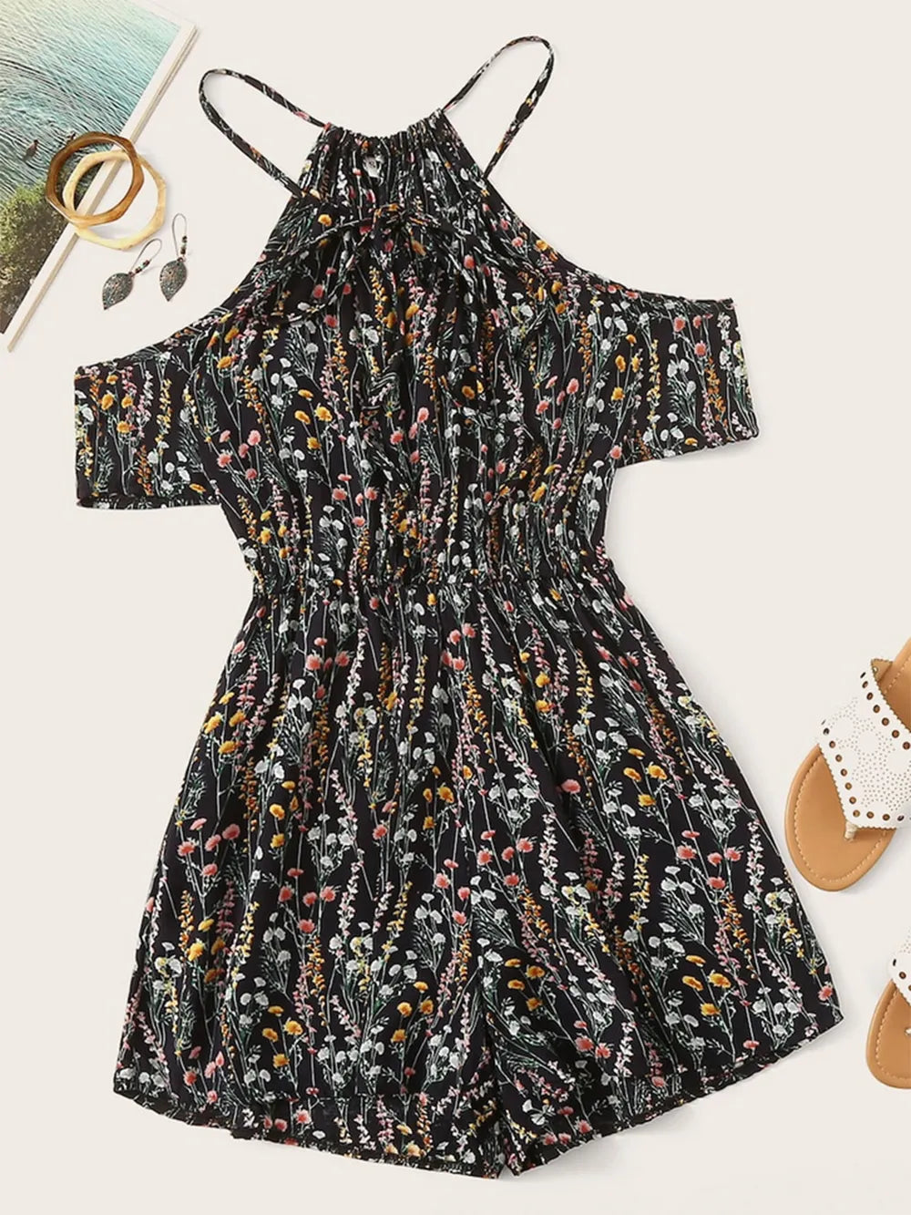 Fashorio Black / S Tied Printed Short Sleeve Romper