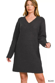 Fashorio BLACK / S V-Neck Long Sleeve Ribbed Sweater Dress