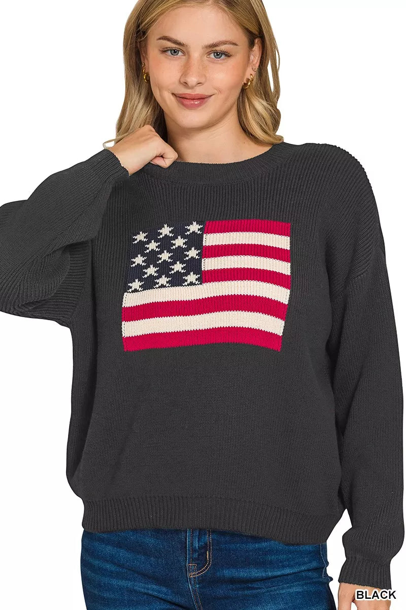Fashorio BLACK / S Zenana American Flag Crew Neck Sweater