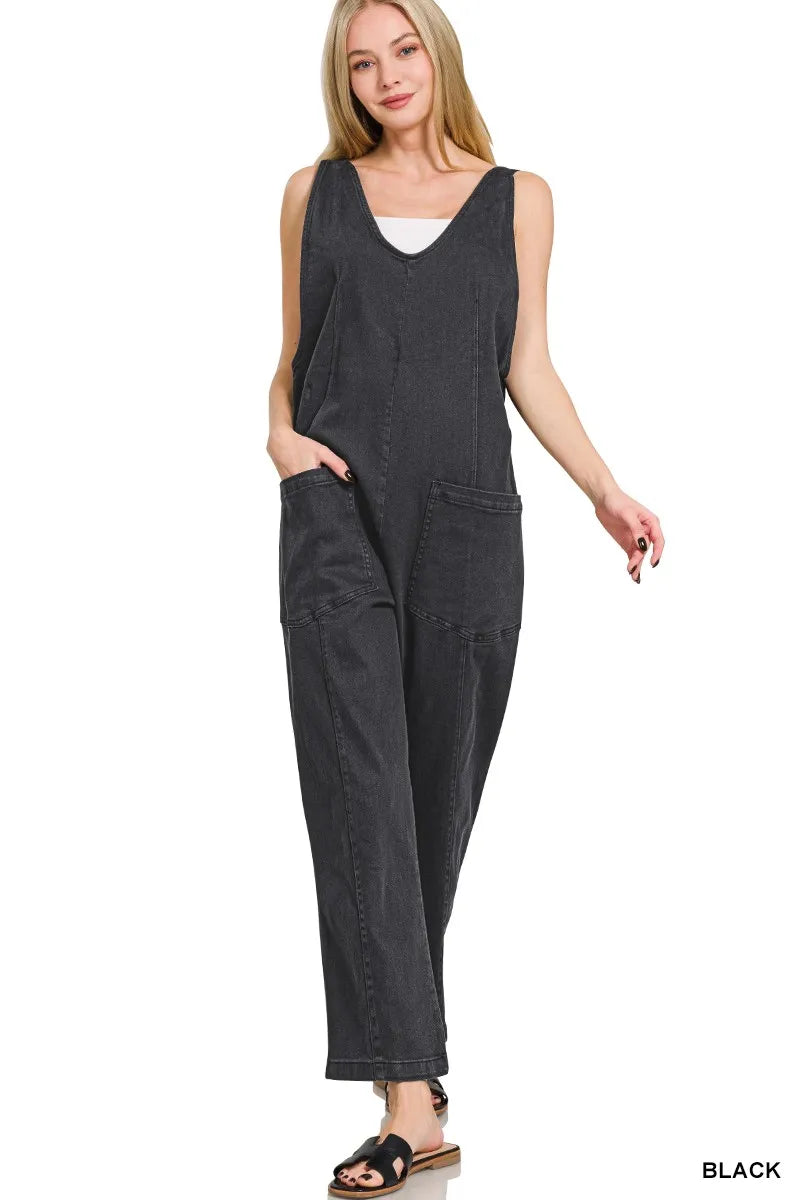 Fashorio BLACK / S Zenana Casual Adjustable Strap Baggy Jumpsuit with Pocket