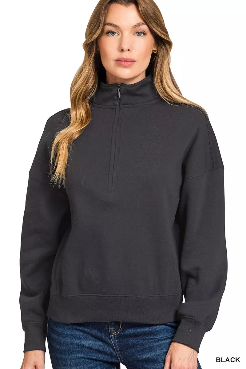 Fashorio BLACK / S Zenana Fleece High Neck Half Zip Sweatshirt
