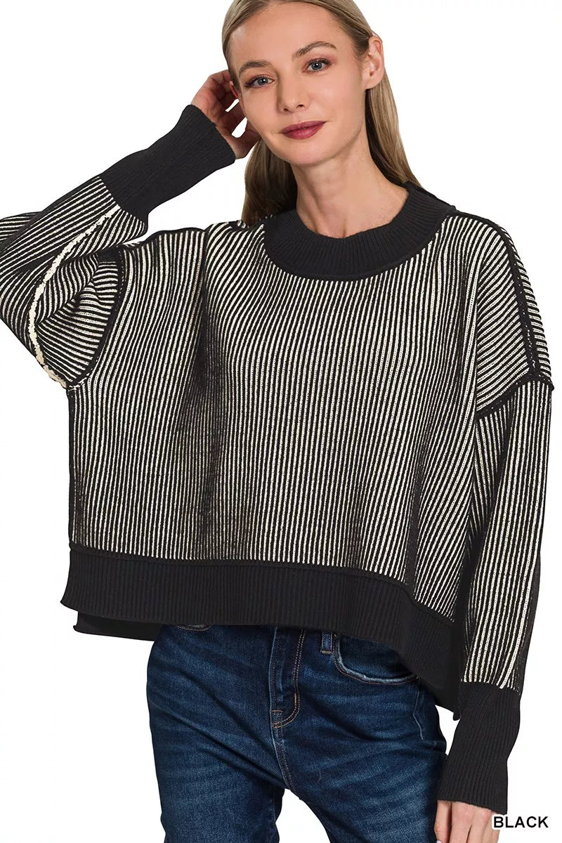 Fashorio BLACK / S Zenana Ribbed Exposed Seam Two Tone Sweater