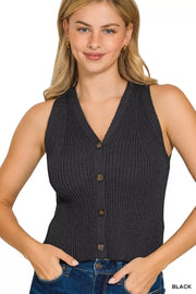 Fashorio BLACK / S Zenana Ribbed Knit Button-Down Sweater Vest
