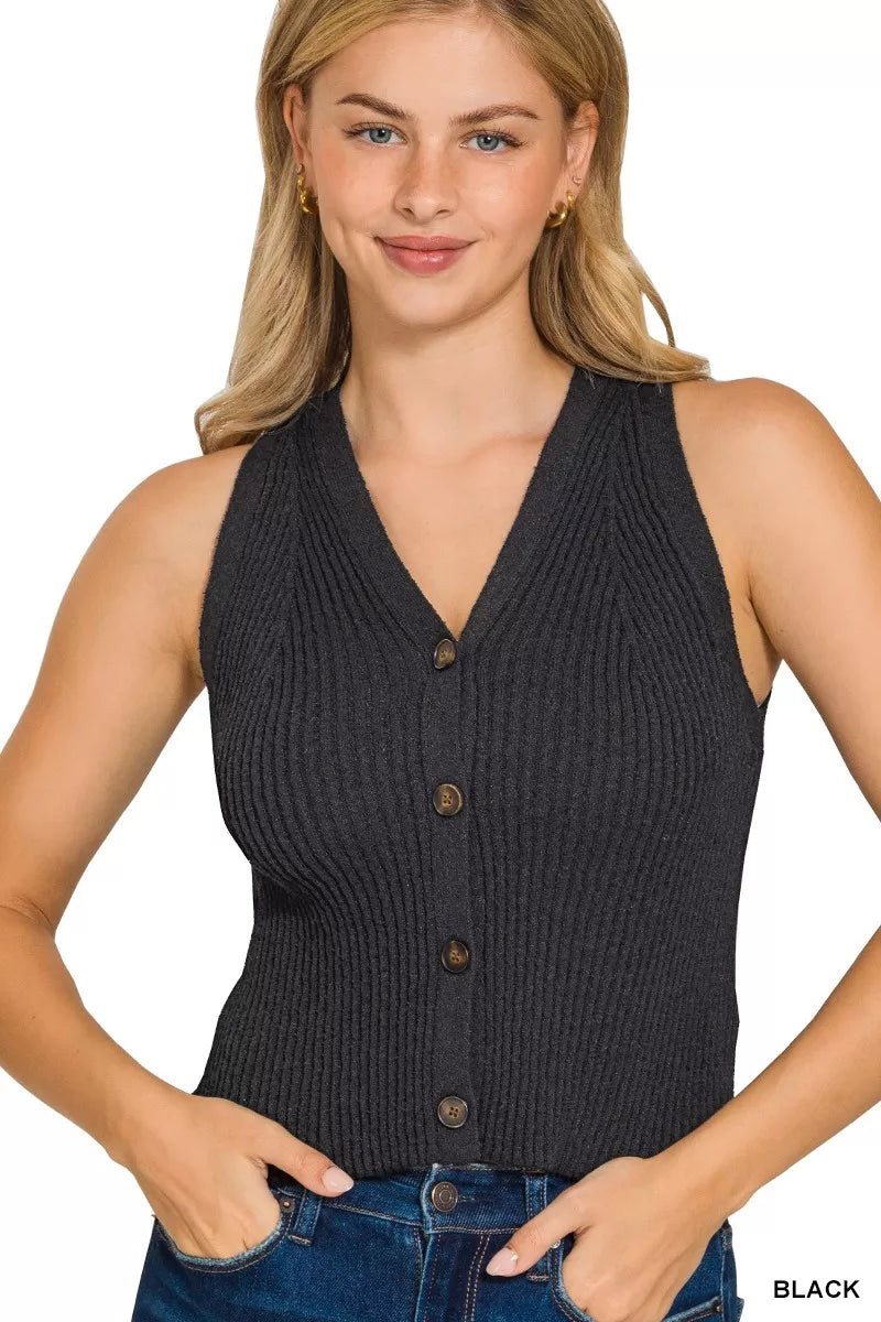 Fashorio BLACK / S Zenana Ribbed Knit Button-Down Sweater Vest