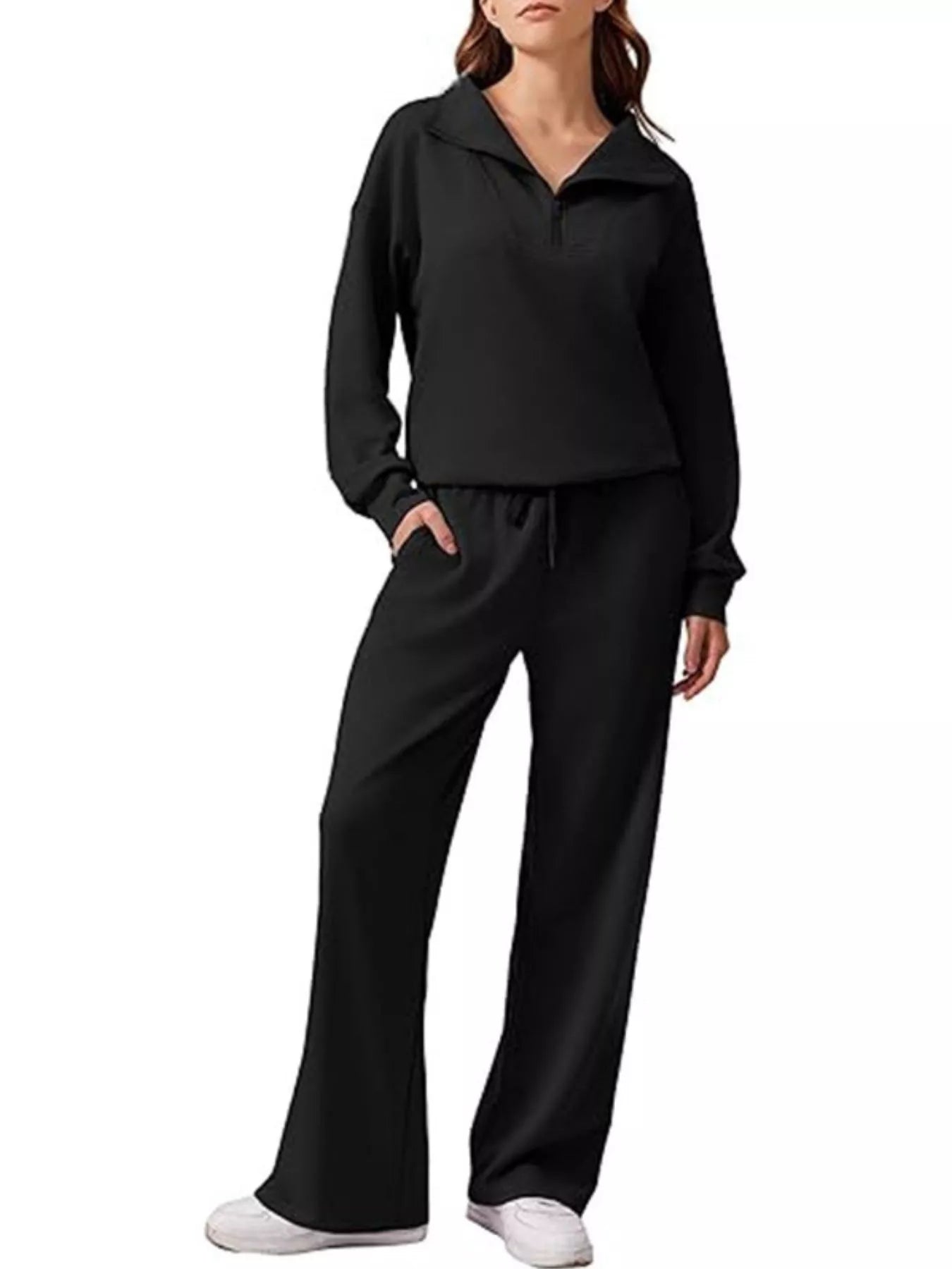 Fashorio Black / S Zip Collar Dropped Shoulder Top and Pants Set