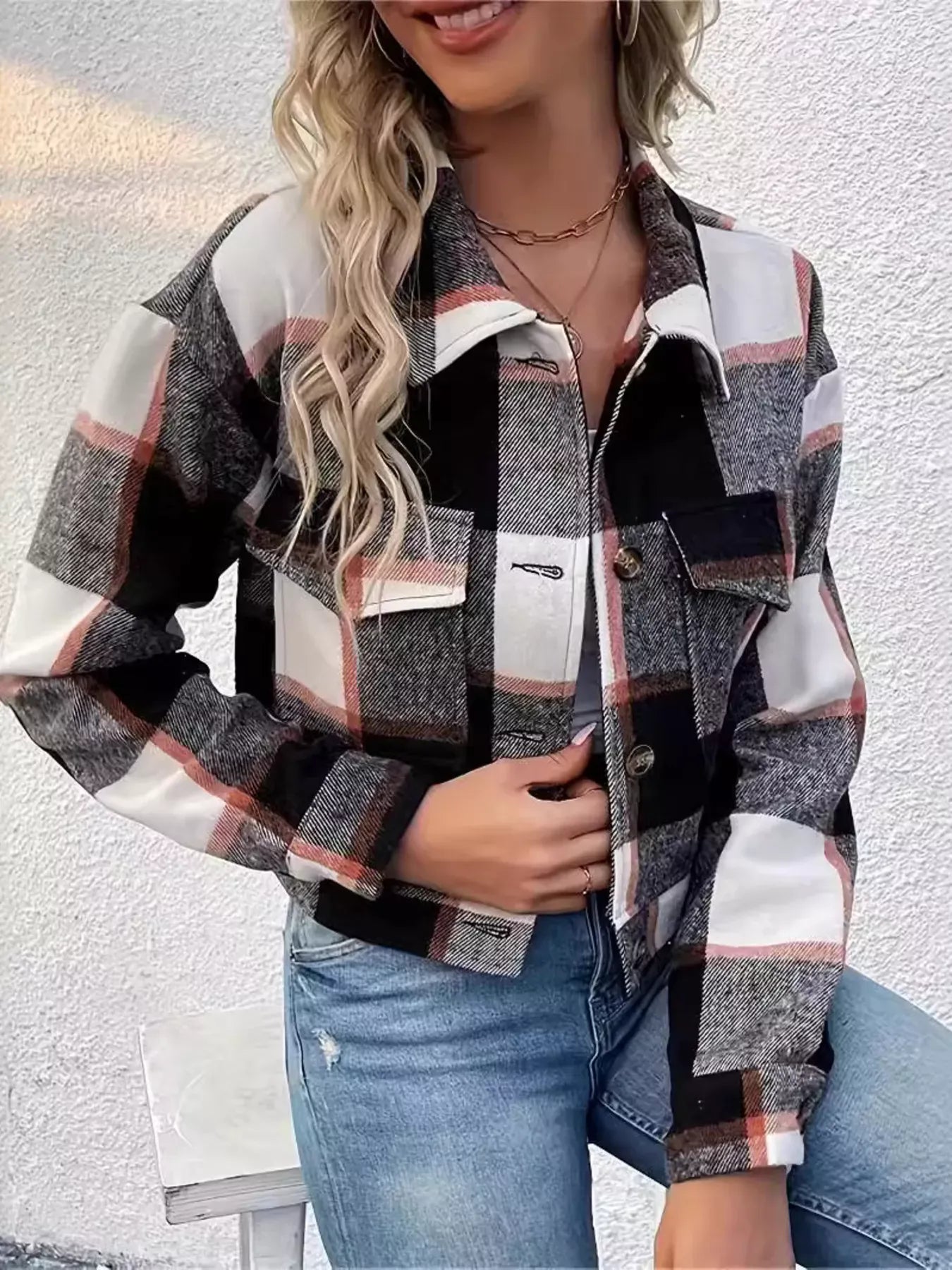 Fashorio Black/White / S Plaid Button-Down Crop Jacket