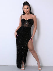 Fashorio Black / XS Sequin Mesh Spliced Adjustable Strap Maxi Dress