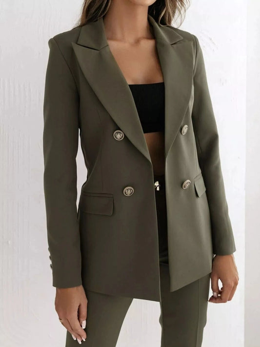 Double-Breasted Lapel Collar Blazer Army Green - Fashorio