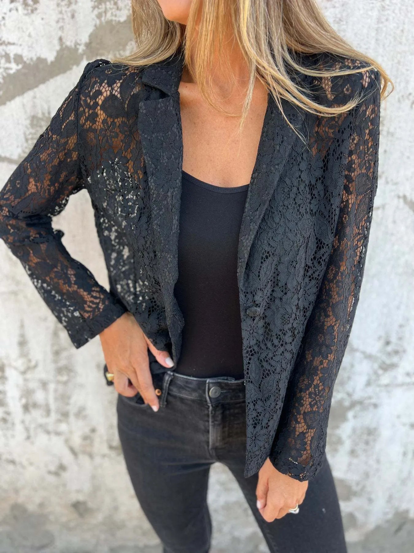 Fashorio Blazers Black / S Full Size Lace Open-Front Blazer Plus Size