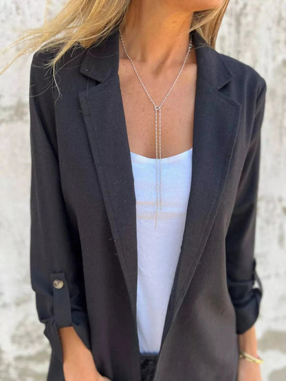 Full Size Lapel Collar Long Sleeve Blazer Plus Size Black - Fashorio