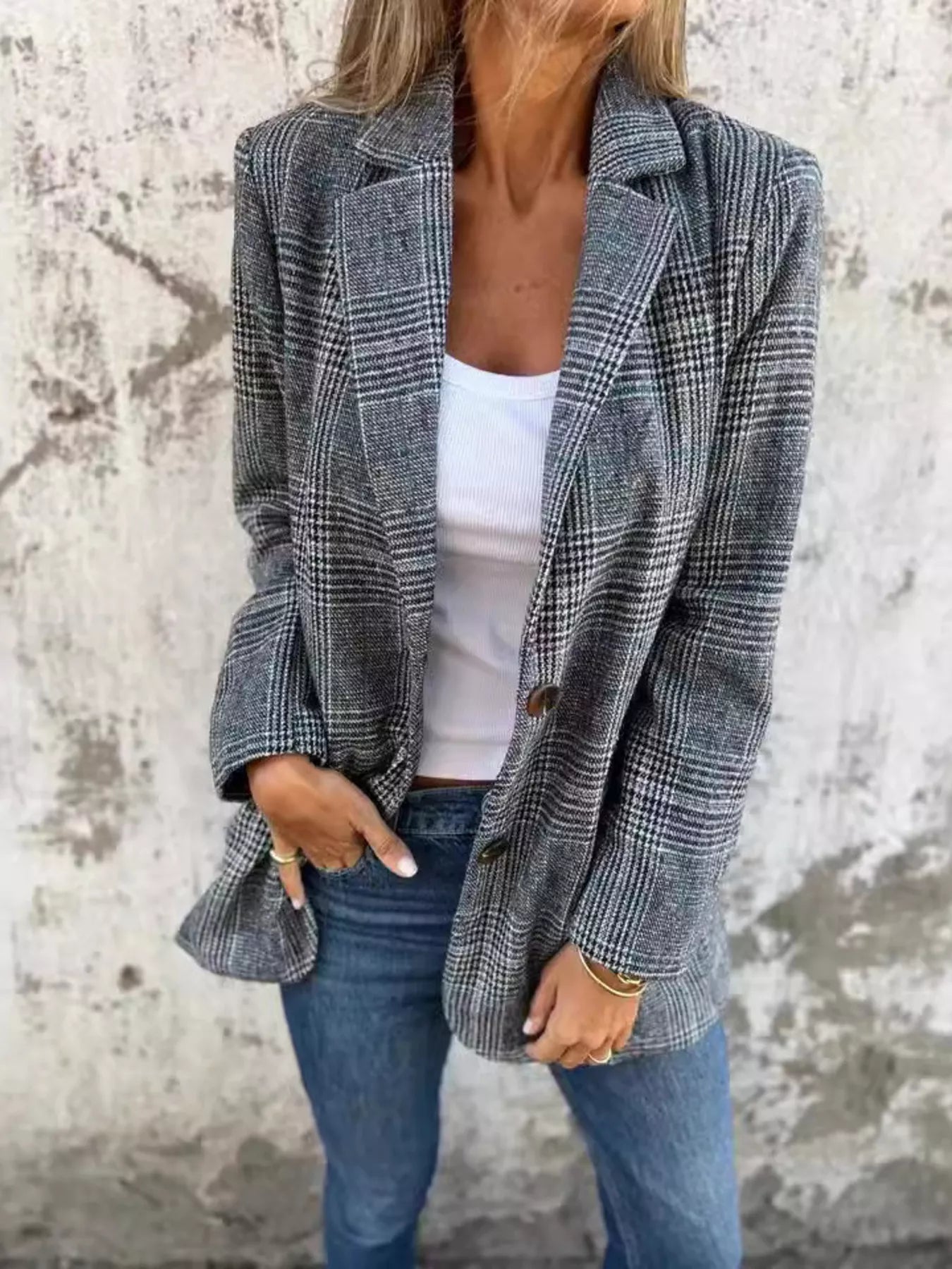 Fashorio Blazers Black / S Full Size Plaid Single-Breasted Long Sleeve Blazer Plus Size
