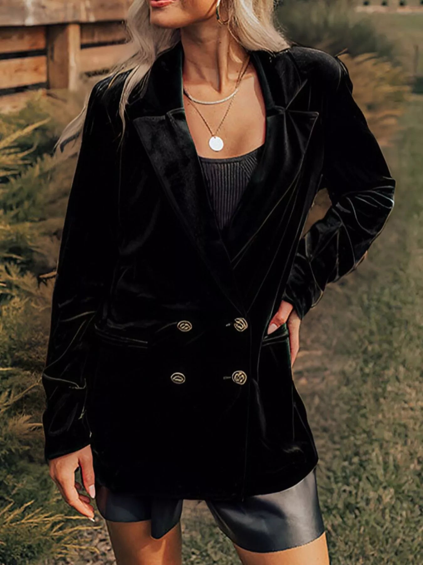 Fashorio Blazers Black / S Velvet Lapel Collar Button Up Blazer