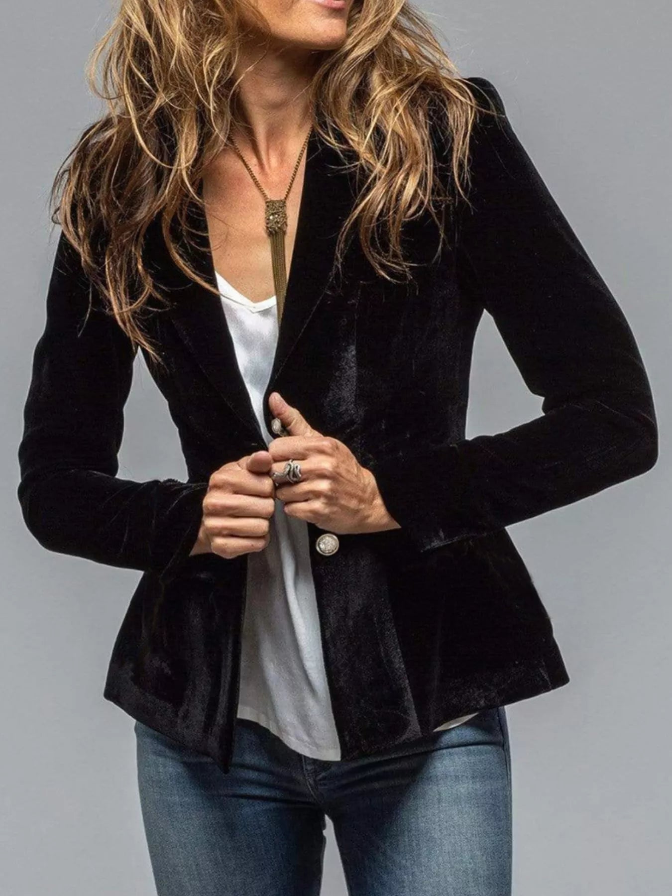 Fashorio Blazers Black / S Velvet Lapel Collar Button Up Blazer