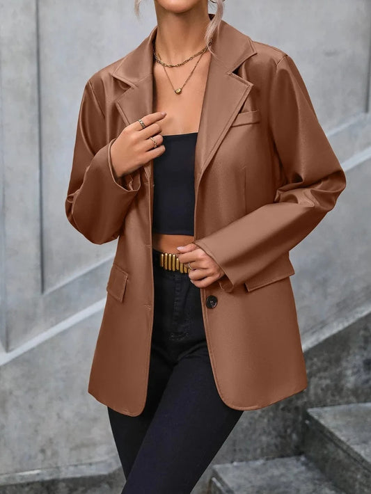 Ivy Lane Pocketed Button Up Collared Neck Blazer Brown - Fashorio