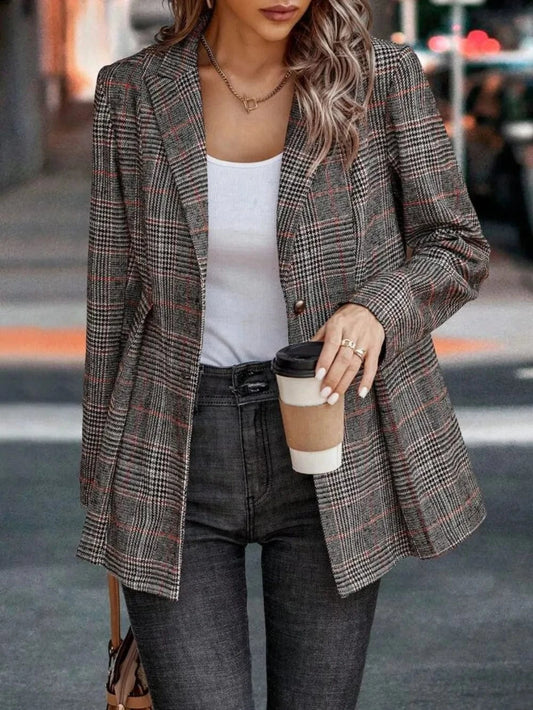 Plaid Button Up Lapel Collar Blazer Brown - Fashorio
