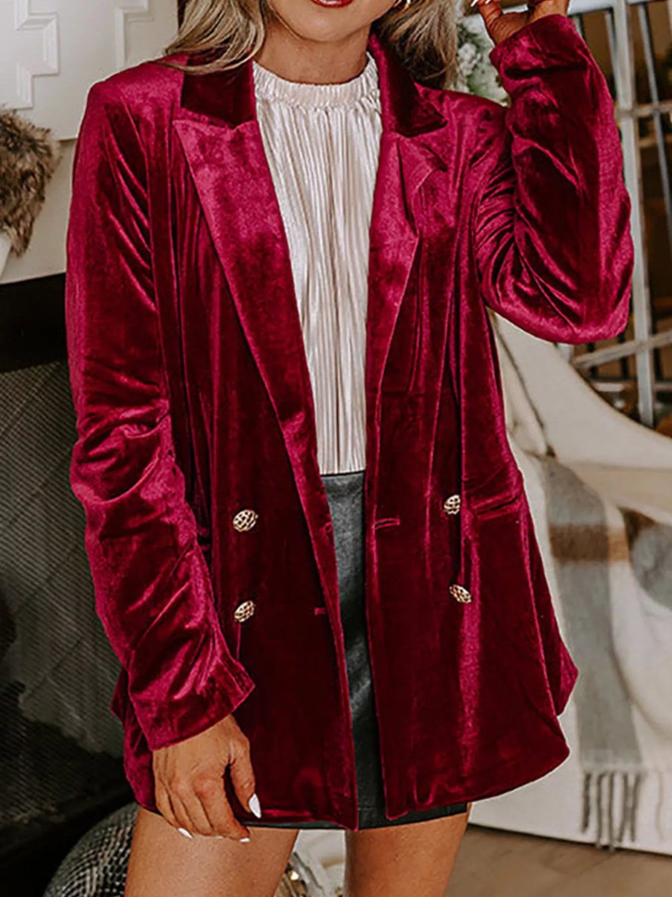 Fashorio Blazers Burgundy / S Velvet Lapel Collar Button Up Blazer