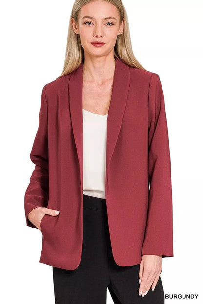 Zenana Woven Long Sleeve Blazer With Lining BURGUNDY - Fashorio
