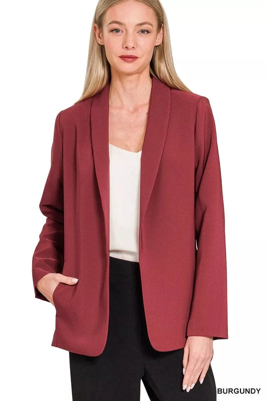 Zenana Woven Long Sleeve Blazer With Lining BURGUNDY - Fashorio
