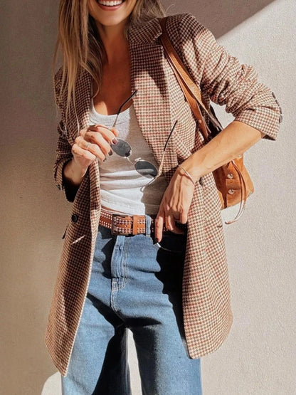 Houndstooth Lapel Collar Blazer Camel - Fashorio