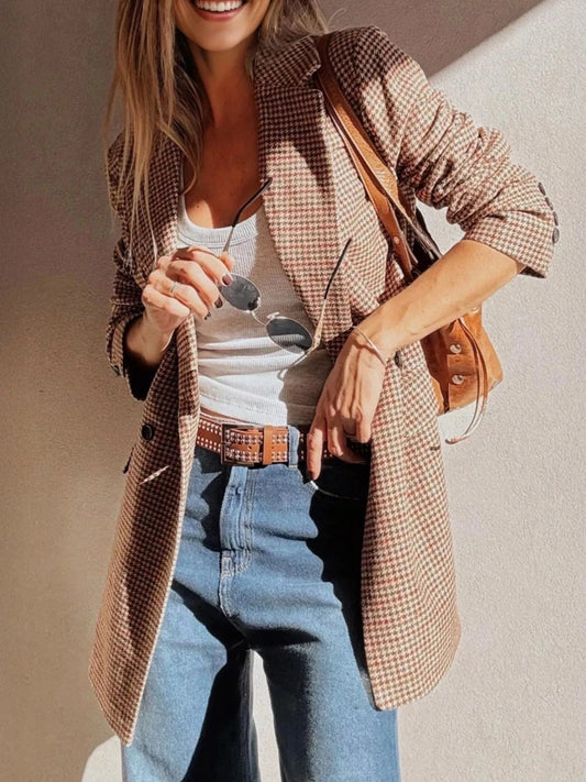 Houndstooth Lapel Collar Blazer Camel - Fashorio