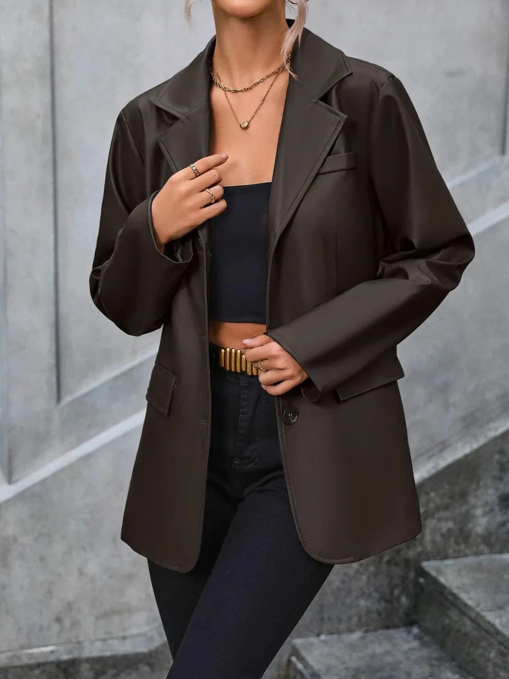 Ivy Lane Pocketed Button Up Collared Neck Blazer Chocolate - Fashorio