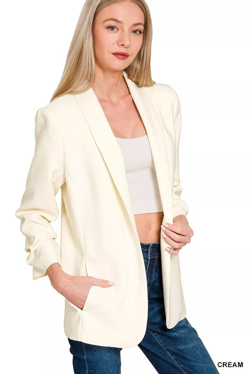 Fashorio Blazers CREAM / S Zenana Woven 3/4 Ruched Sleeve Open Front Classic Blazer