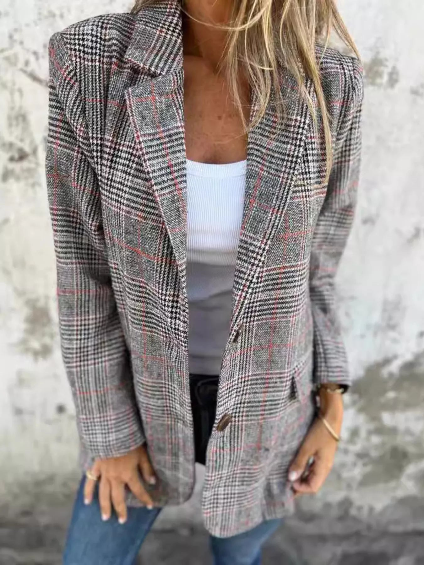 Fashorio Blazers Dark Brown / S Full Size Plaid Single-Breasted Long Sleeve Blazer Plus Size