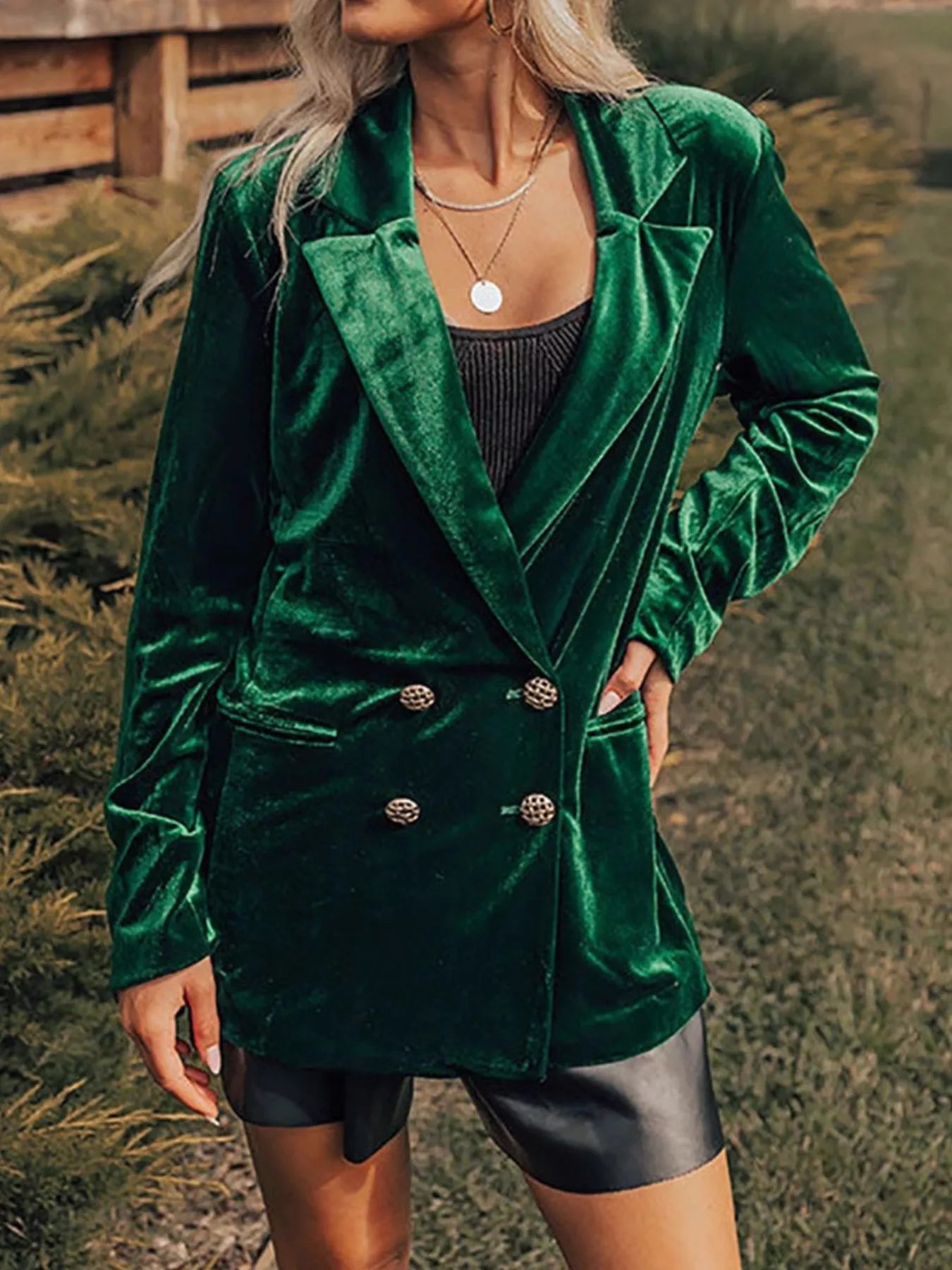 Fashorio Blazers Dark Green / S Velvet Lapel Collar Button Up Blazer