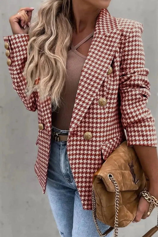 Women’s Houndstooth Double-Breasted Blazer with Classic Collar Deep Red - Fashorio