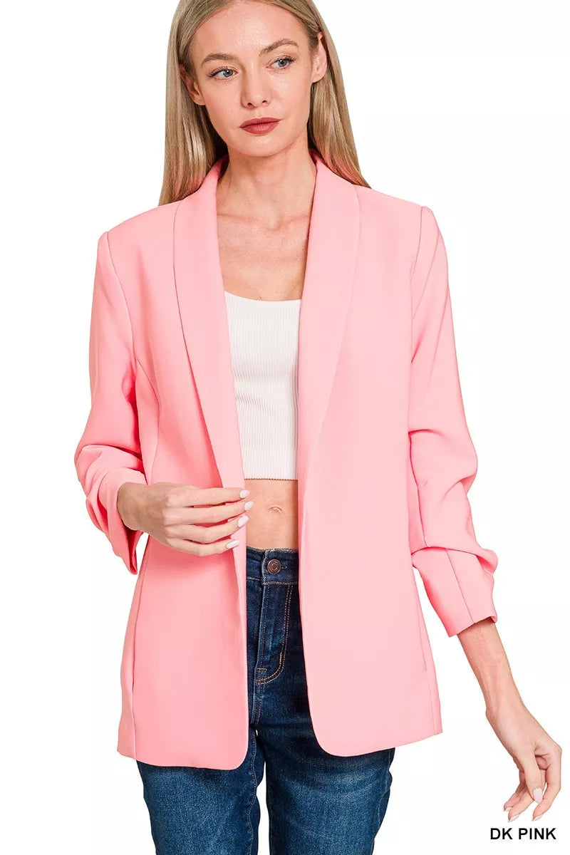 Fashorio Blazers DK PINK / S Zenana Woven 3/4 Ruched Sleeve Open Front Classic Blazer